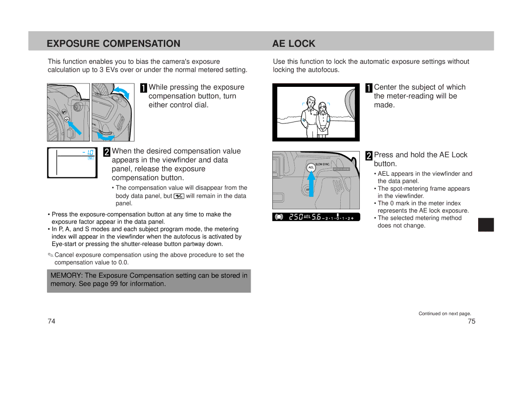 Minolta 800si instruction manual Exposure Compensation, AE Lock 