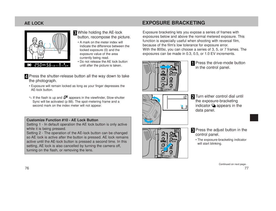 Minolta 800si instruction manual Exposure Bracketing, Customize Function #10 AE Lock Button 