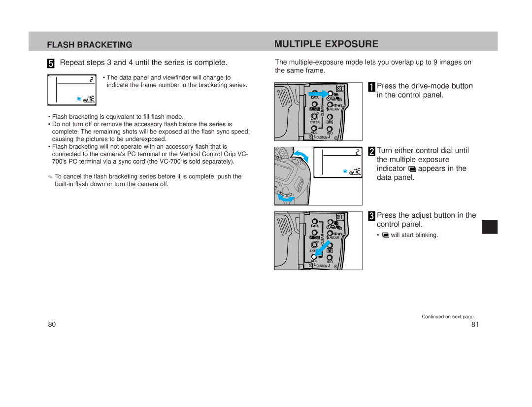 Minolta 800si instruction manual Multiple Exposure, Flash Bracketing, Repeat steps 3 and 4 until the series is complete 