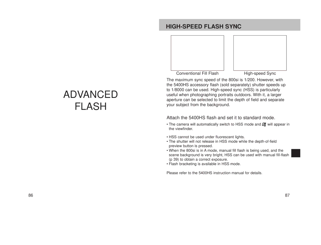 Minolta 800si instruction manual Advanced Flash, HIGH-SPEED Flash Sync, Attach the 5400HS flash and set it to standard mode 