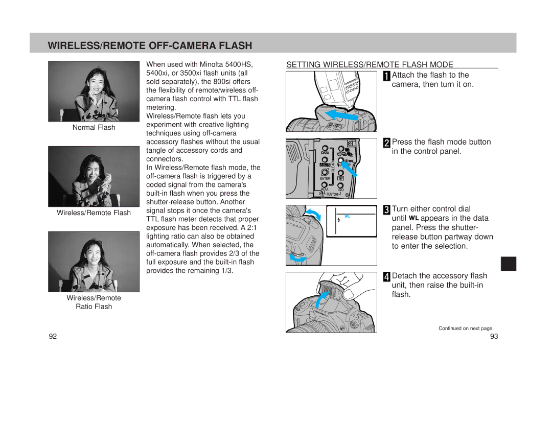 Minolta 800si instruction manual WIRELESS/REMOTE OFF-CAMERA Flash, Setting WIRELESS/REMOTE Flash Mode 