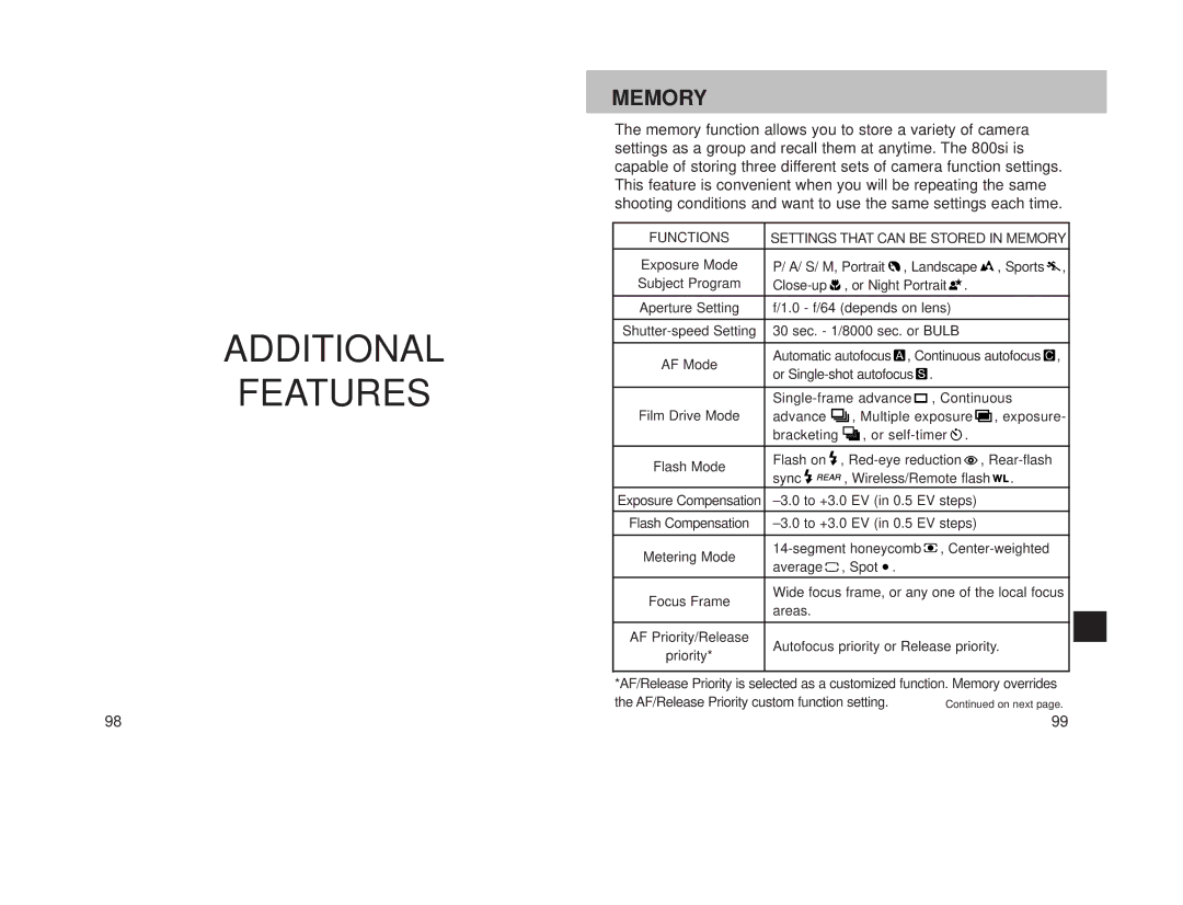 Minolta 800si instruction manual Additional Features, Memory 