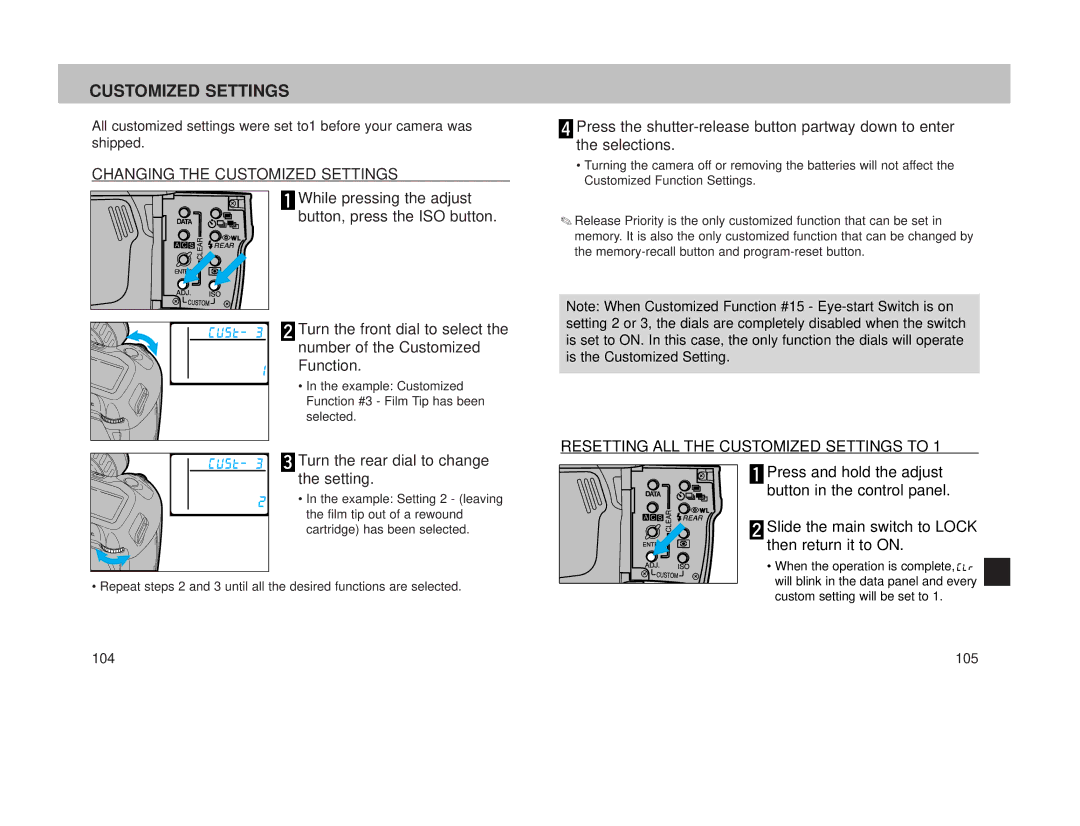 Minolta 800si instruction manual Changing the Customized Settings, Turn the rear dial to change the setting 