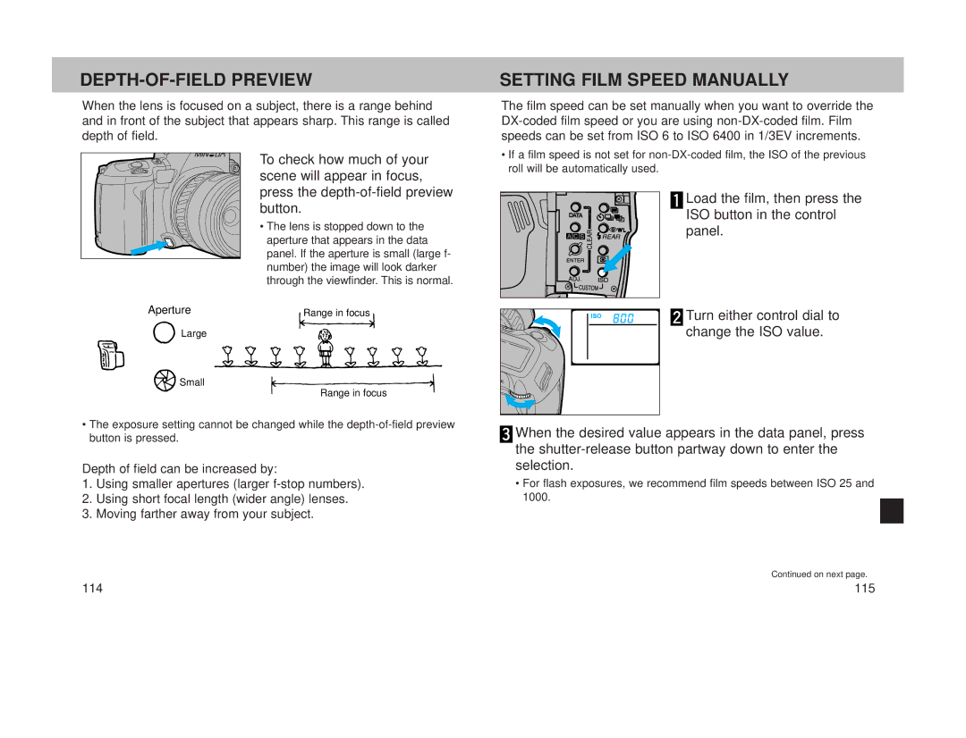 Minolta 800si instruction manual DEPTH-OF-FIELD Preview, Setting Film Speed Manually 