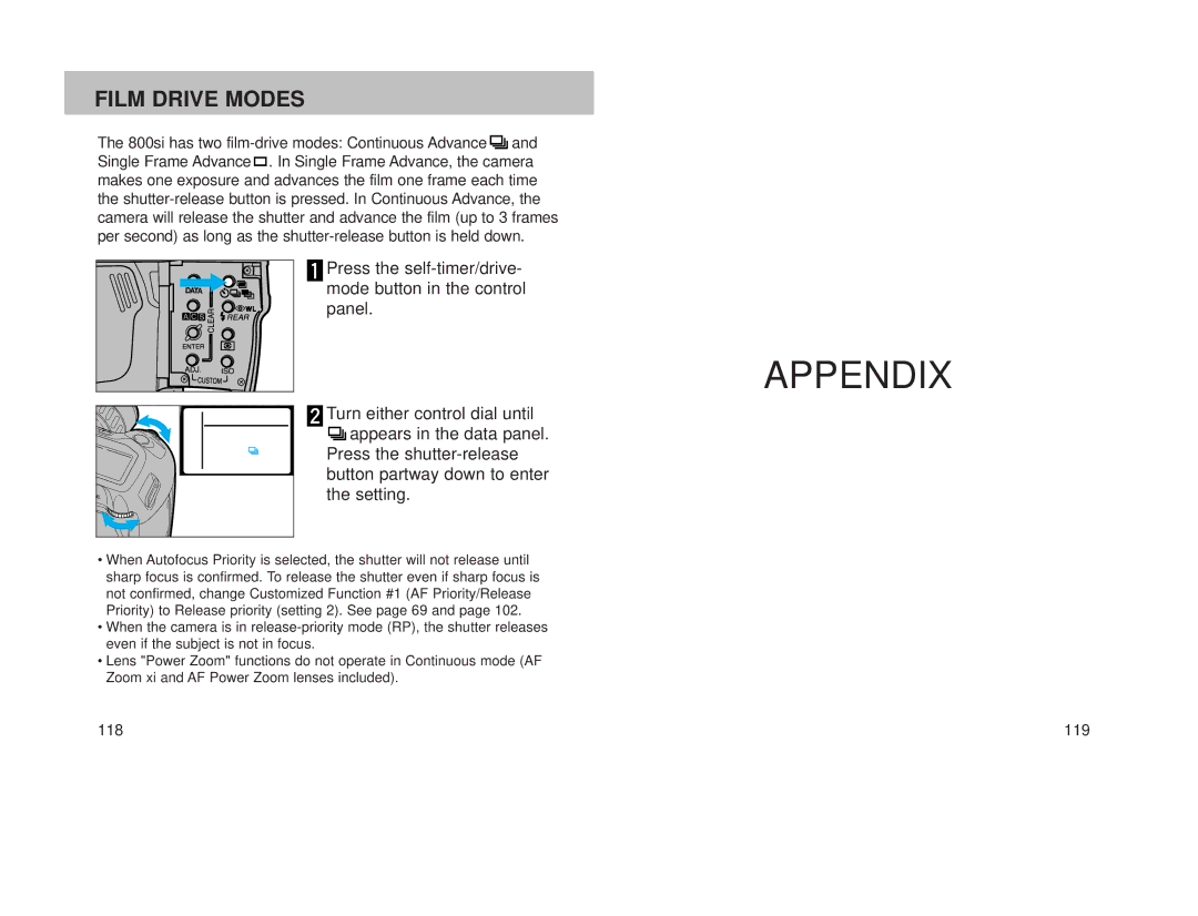 Minolta 800si instruction manual Appendix, Film Drive Modes 