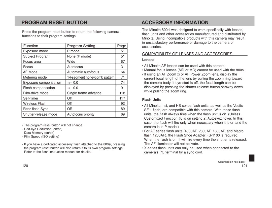 Minolta 800si instruction manual Program Reset Button, Accessory Information, Function Program Setting 