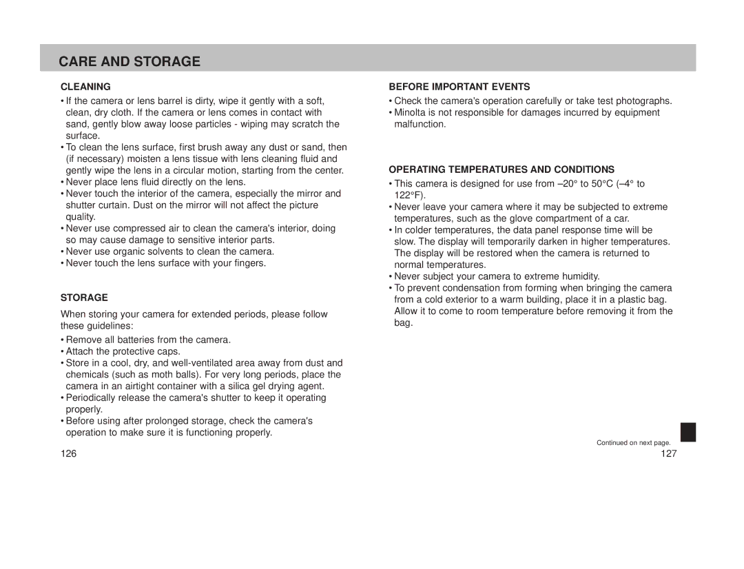 Minolta 800si instruction manual Care and Storage, Cleaning 