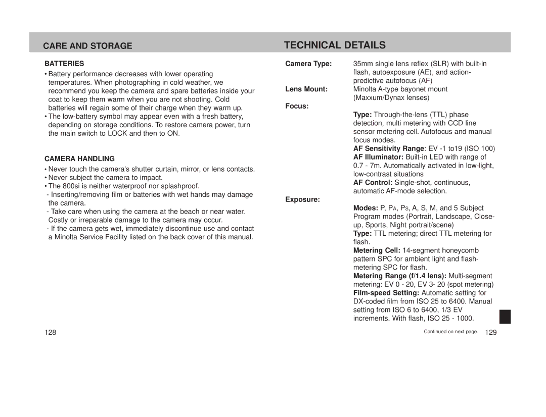 Minolta 800si instruction manual Technical Details, Care and Storage, Focus, Exposure 