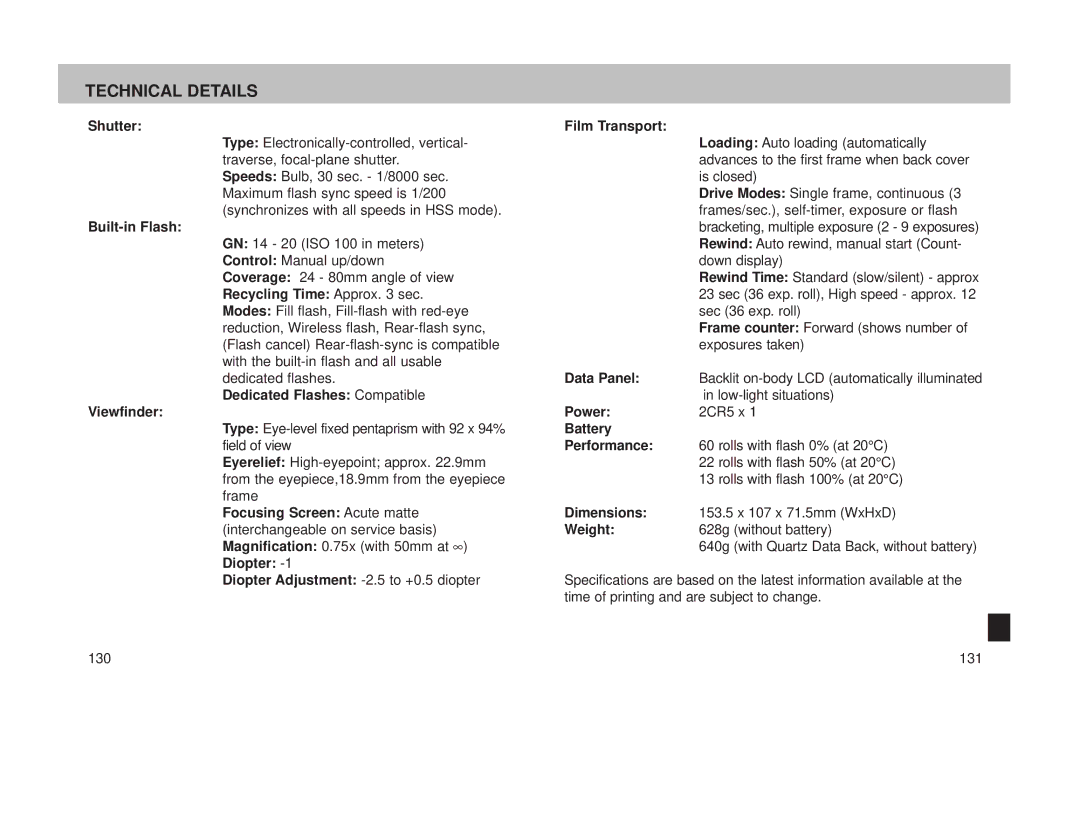 Minolta 800si instruction manual Technical Details 