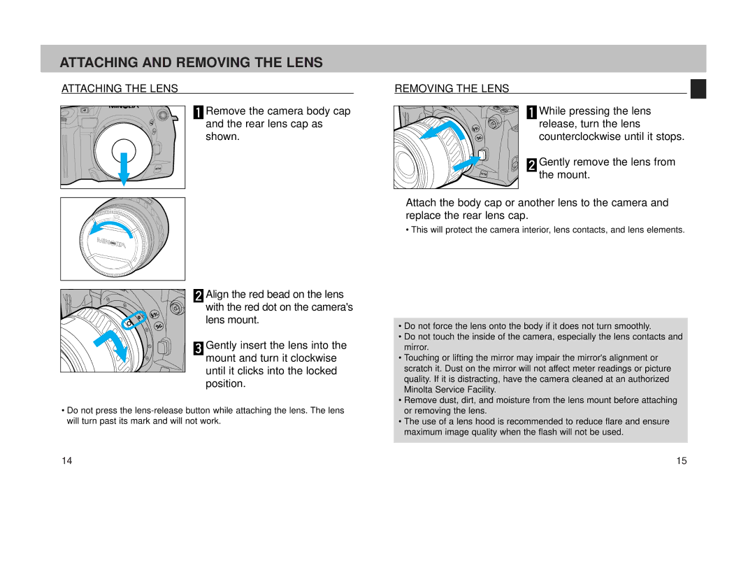 Minolta 800si instruction manual Attaching and Removing the Lens, Attaching the Lens 