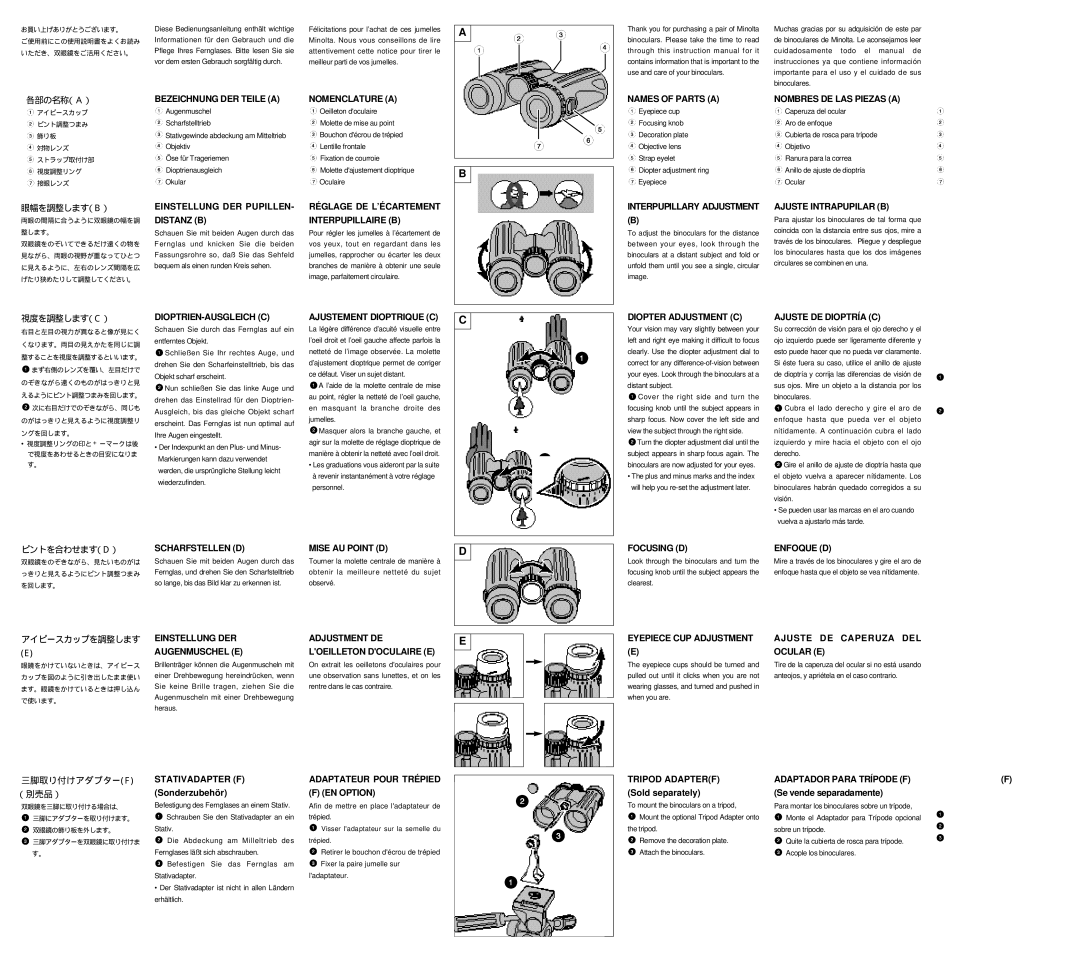 Minolta 8X42D WP, 10X42D WP Bezeichnung DER Teile a, Einstellung DER Pupillen, Distanz B, Nomenclature a, Names of Parts a 