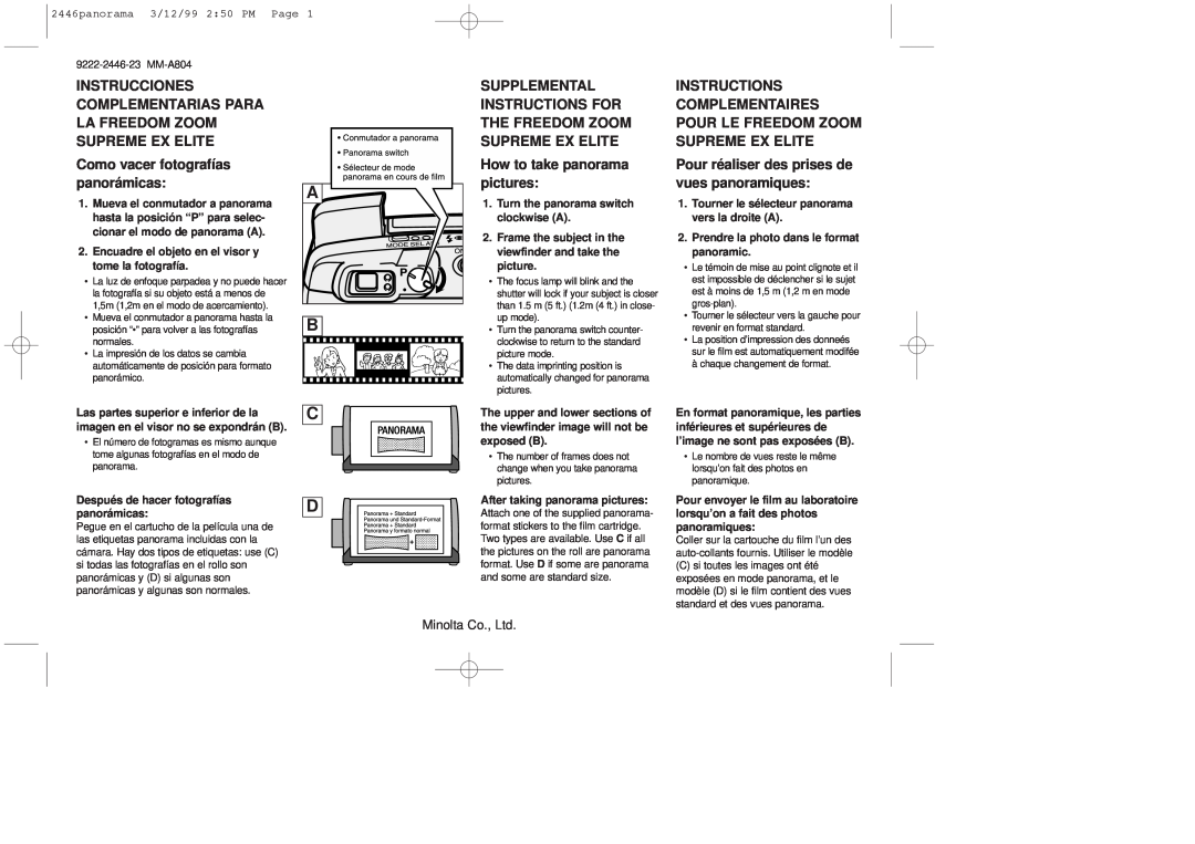 Minolta MM-A804 manual Instrucciones Complementarias Para La Freedom Zoom Supreme Ex Elite, How to take panorama pictures 