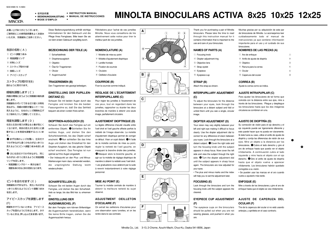 Minolta 9222-8588-16 H-A804 instruction manual 各部の名称（Ａ）, ストラップの取付け B, 眼幅を調整します（C）, 視度を調整します（D）, ピントを合わせます（E） 