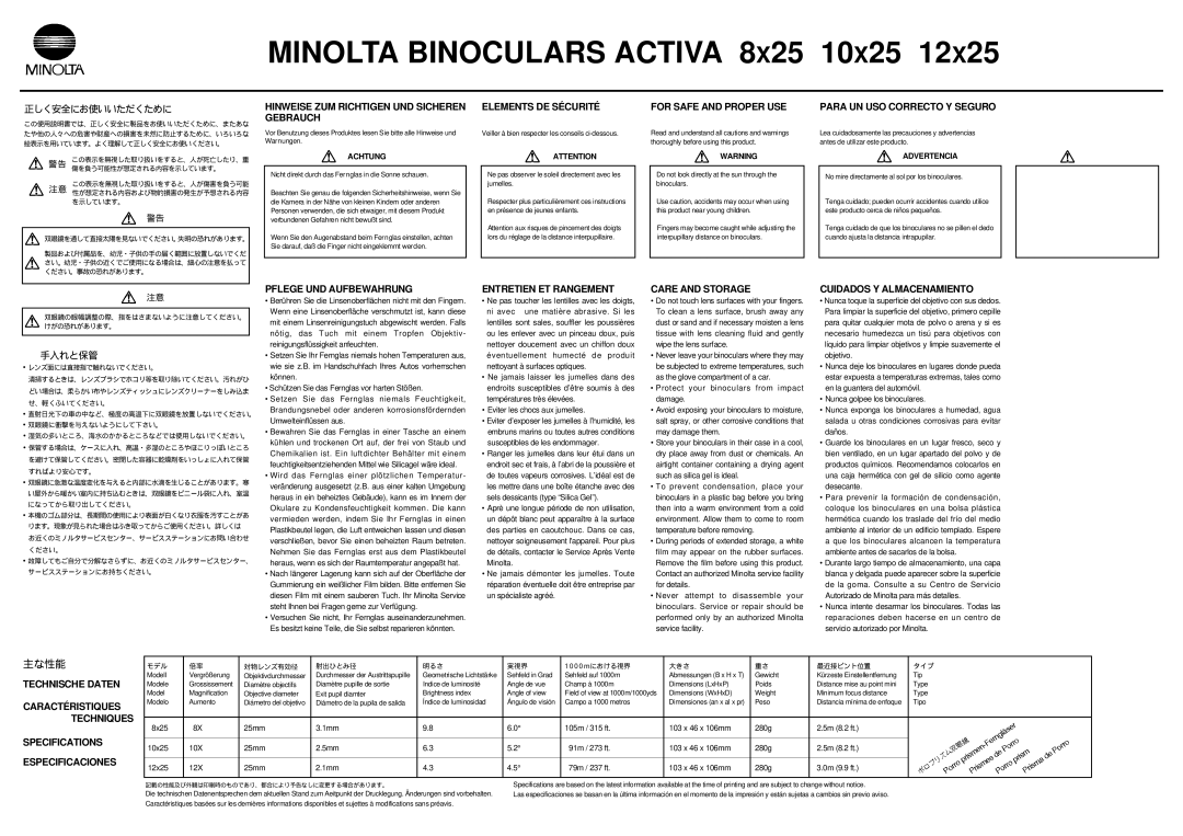 Minolta 9222-8588-16 H-A804 Hinweise ZUM Richtigen UND Sicheren Gebrauch, Elements DE Sécurité, For Safe and Proper USE 