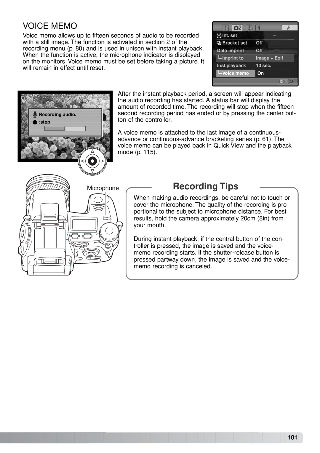 Minolta A1 instruction manual Recording Tips, Voice Memo 