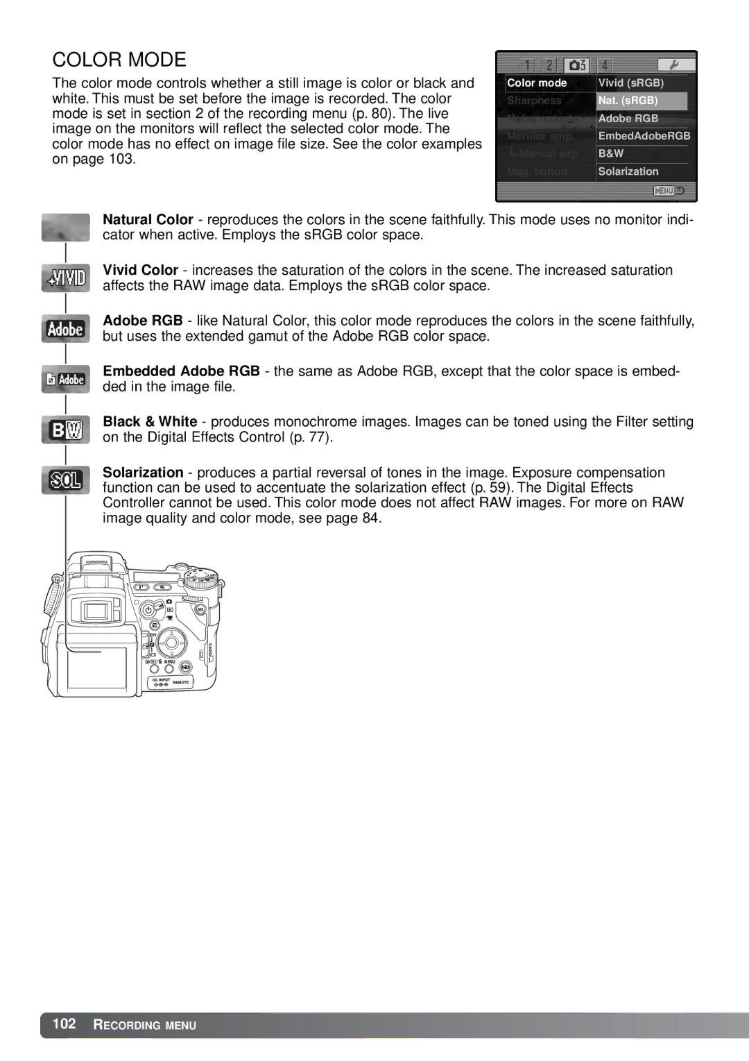 Minolta A1 instruction manual Color Mode 