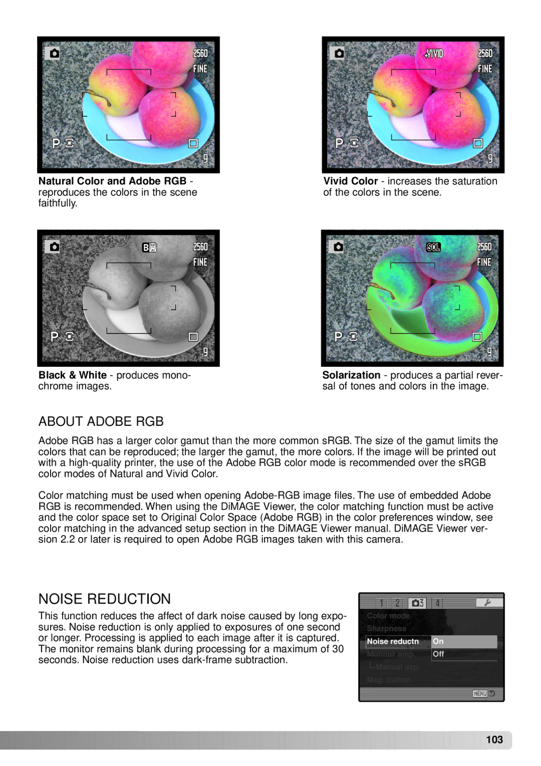 Minolta A1 instruction manual Noise Reduction, About Adobe RGB 