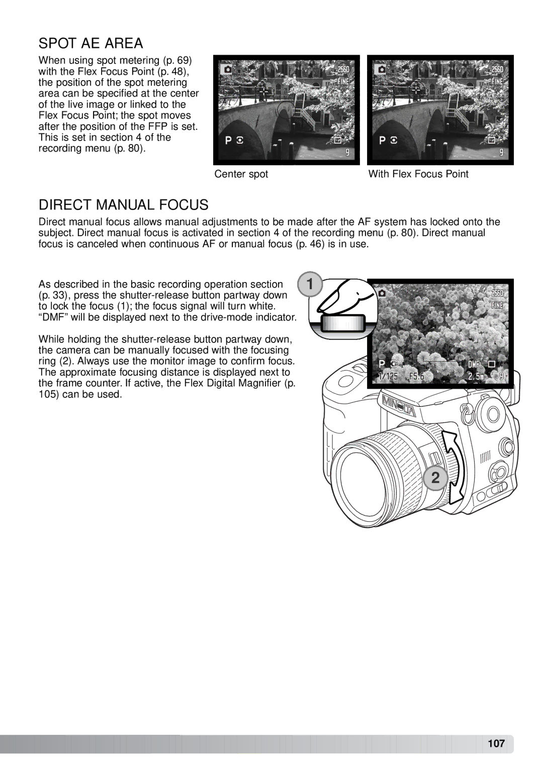 Minolta A1 instruction manual Spot AE Area, Direct Manual Focus 