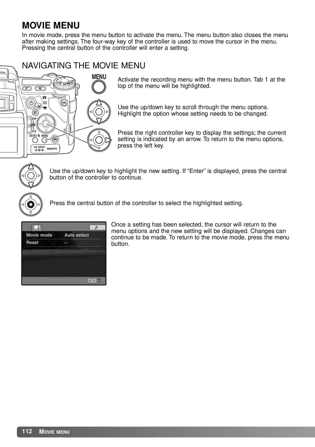 Minolta A1 instruction manual Navigating the Movie Menu 