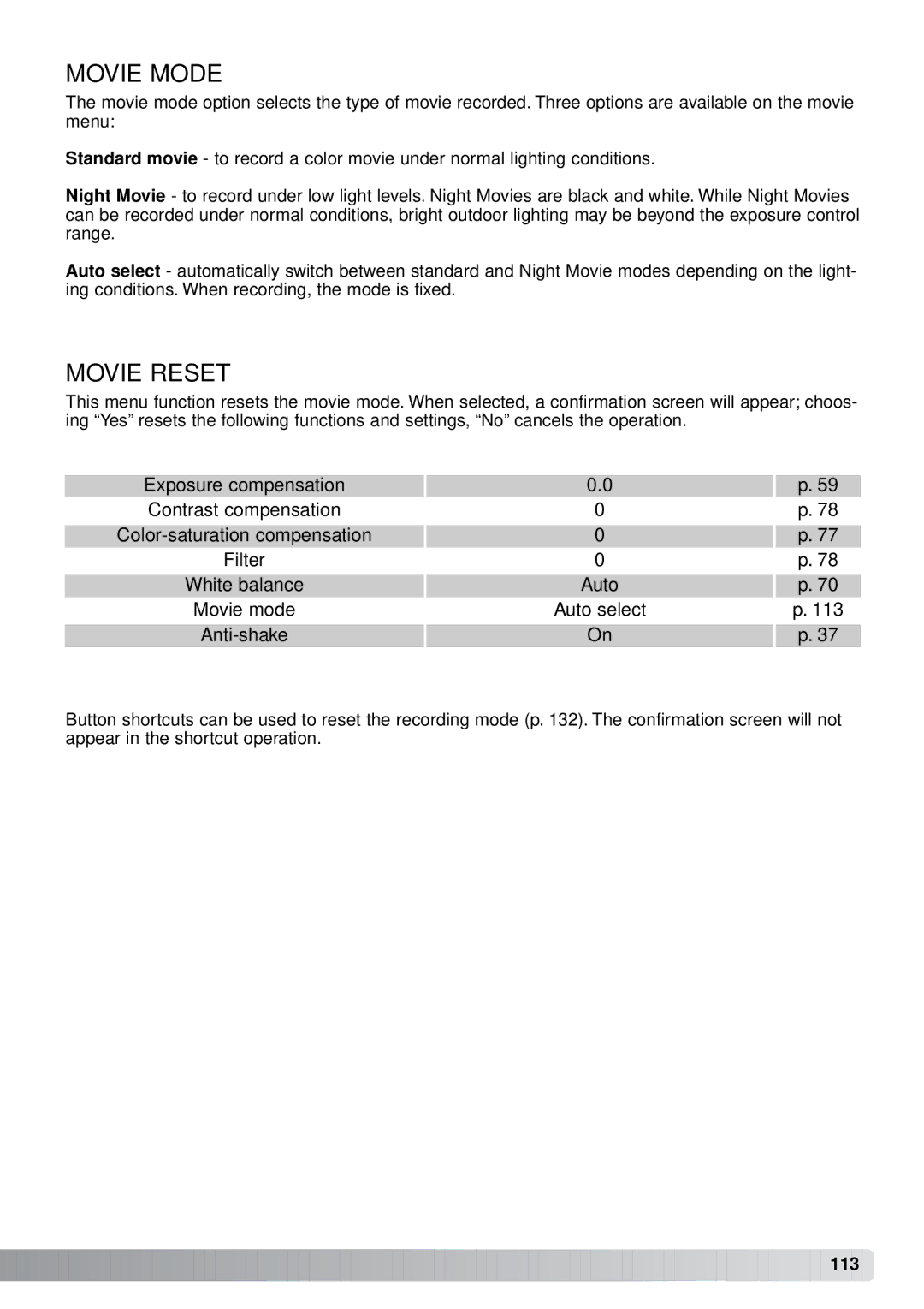 Minolta A1 instruction manual Movie Mode, Movie Reset 