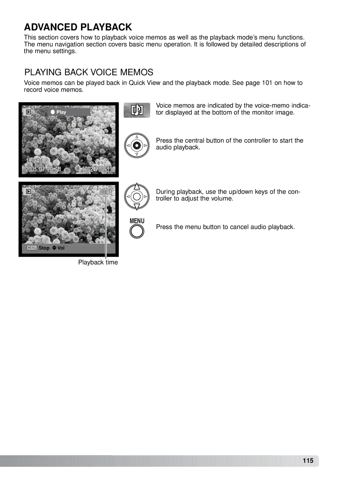 Minolta A1 instruction manual Advanced Playback, Playing Back Voice Memos 