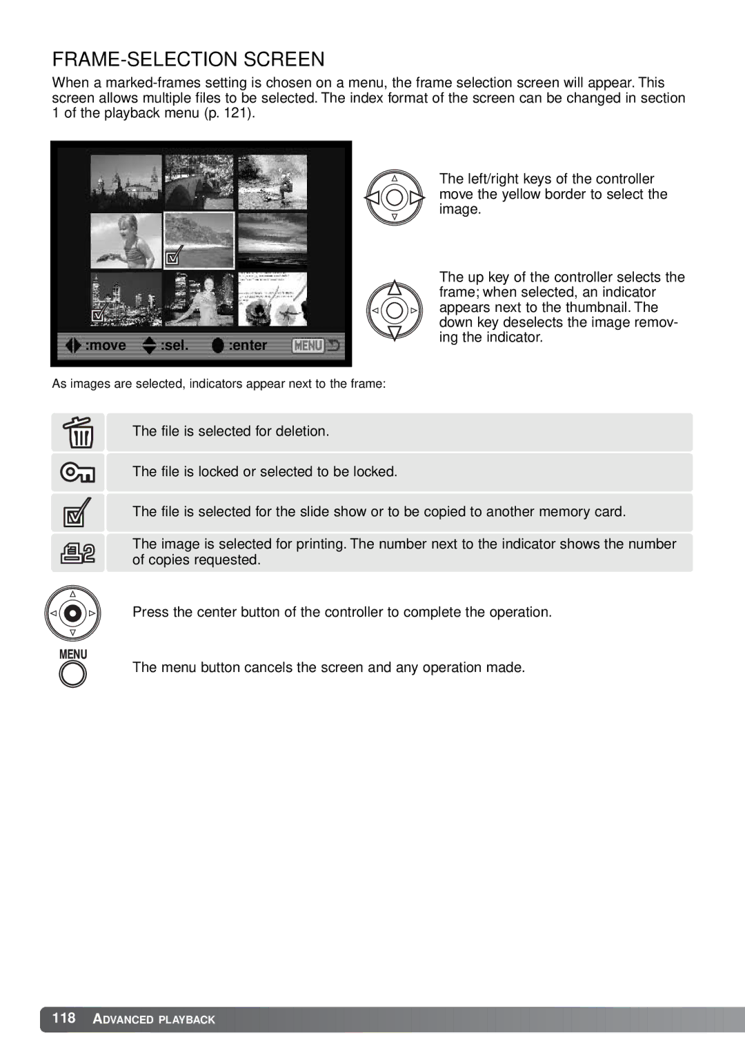 Minolta A1 instruction manual FRAME-SELECTION Screen, Move sel. enter 