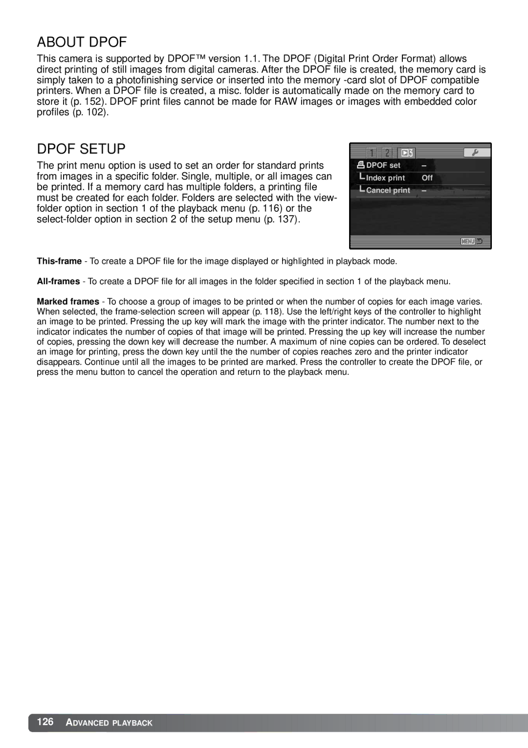 Minolta A1 instruction manual About Dpof, Dpof Setup 