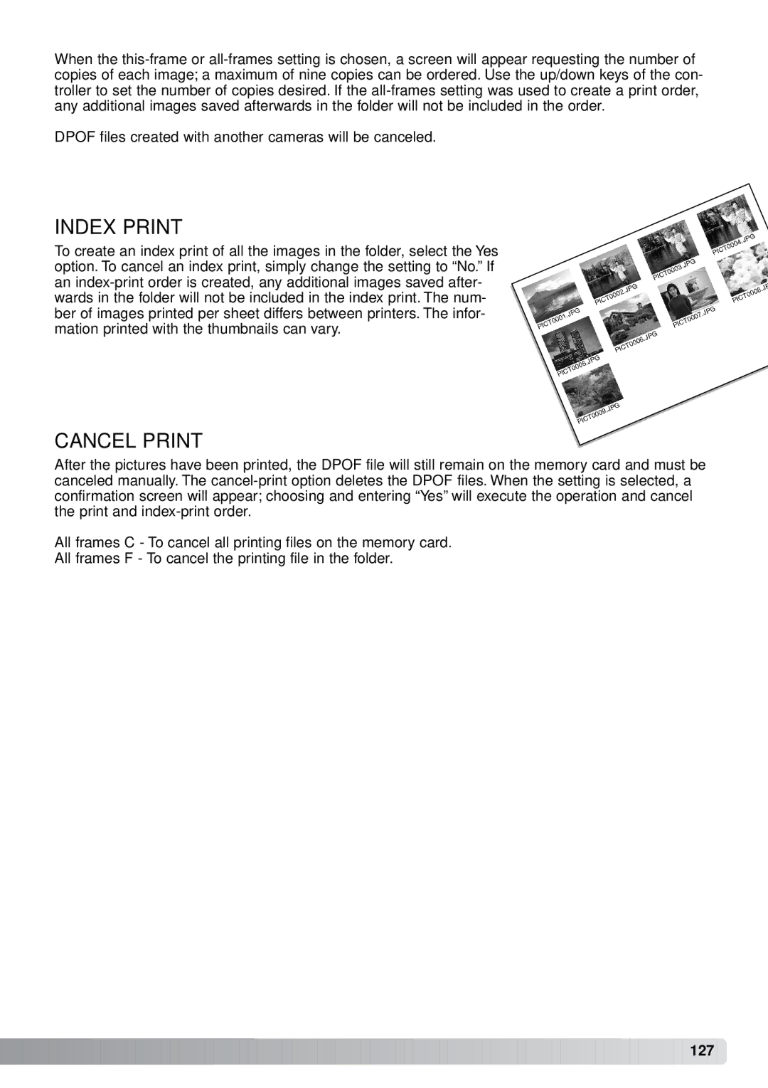 Minolta A1 instruction manual Index Print, Cancel Print 