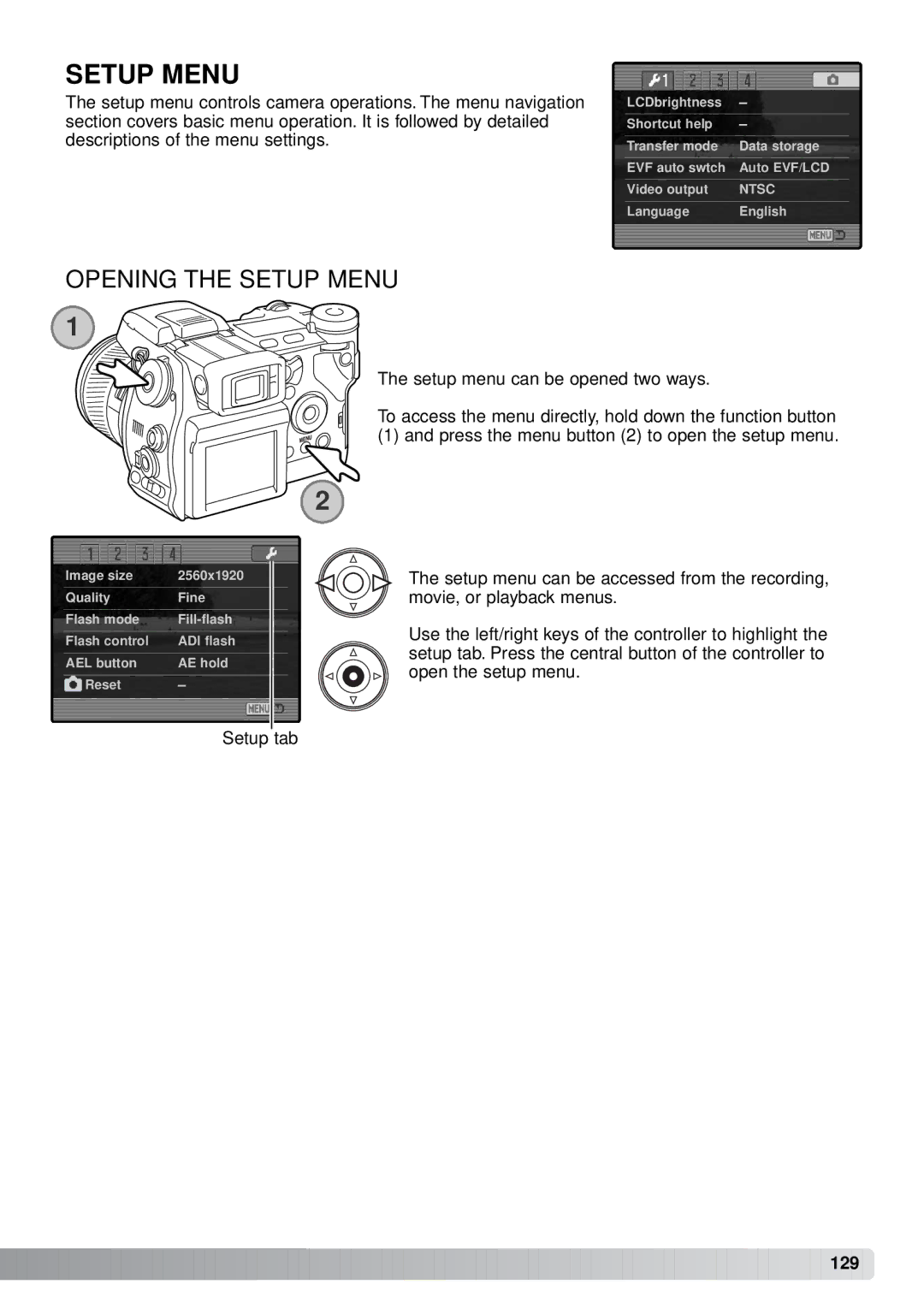 Minolta A1 instruction manual Opening the Setup Menu 