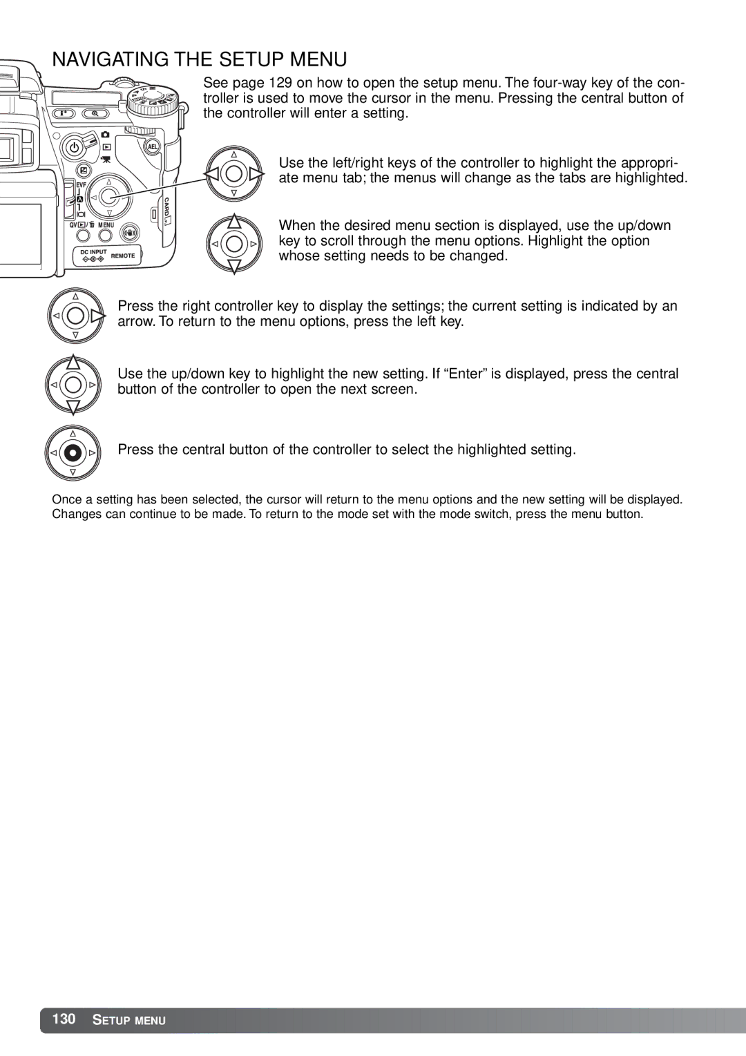 Minolta A1 instruction manual Navigating the Setup Menu 