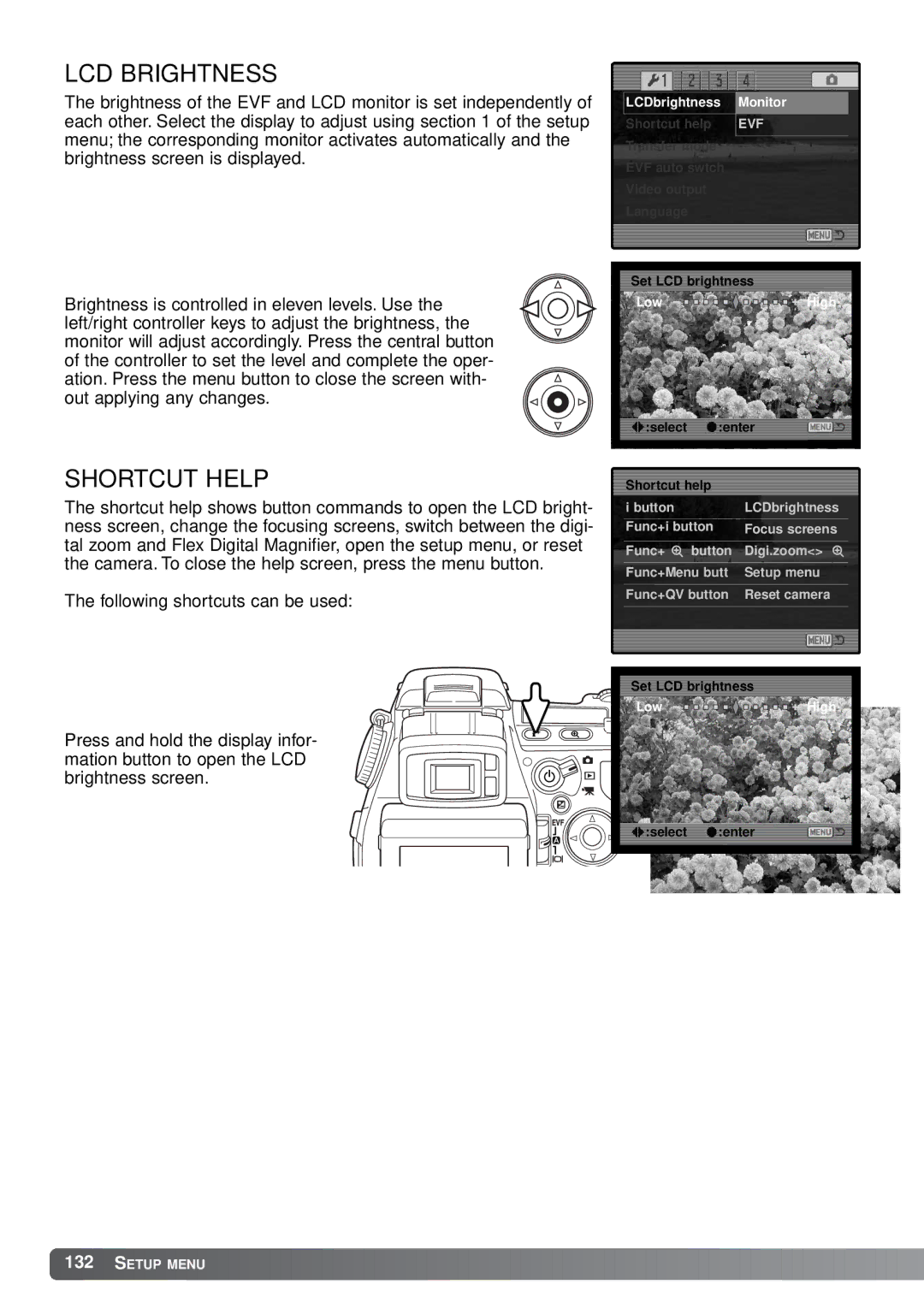 Minolta A1 instruction manual LCD Brightness, Shortcut Help 