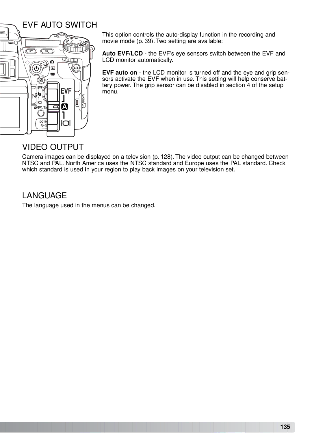 Minolta A1 instruction manual EVF Auto Switch, Video Output, Language 