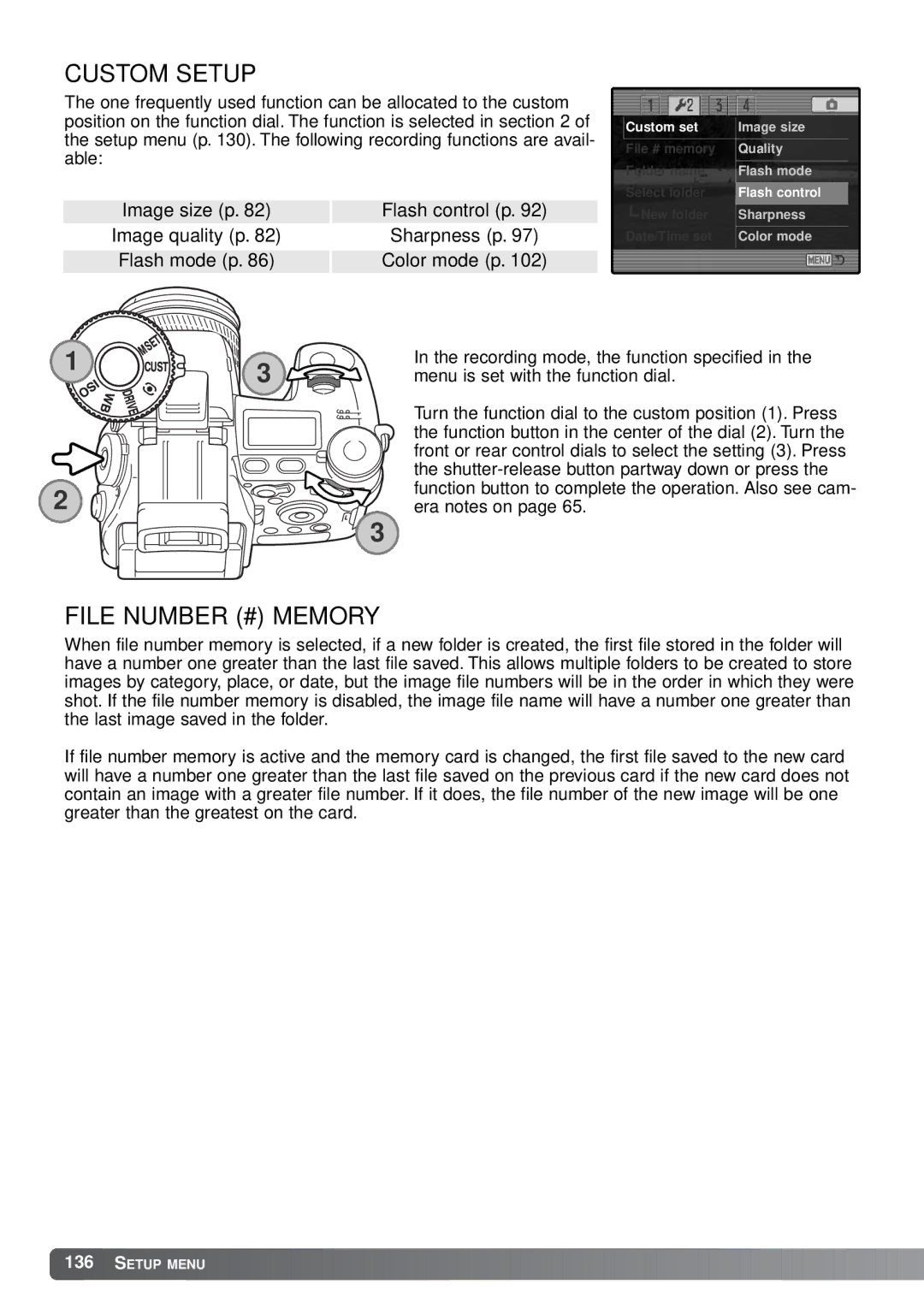 Minolta A1 instruction manual Custom Setup, File Number # Memory 