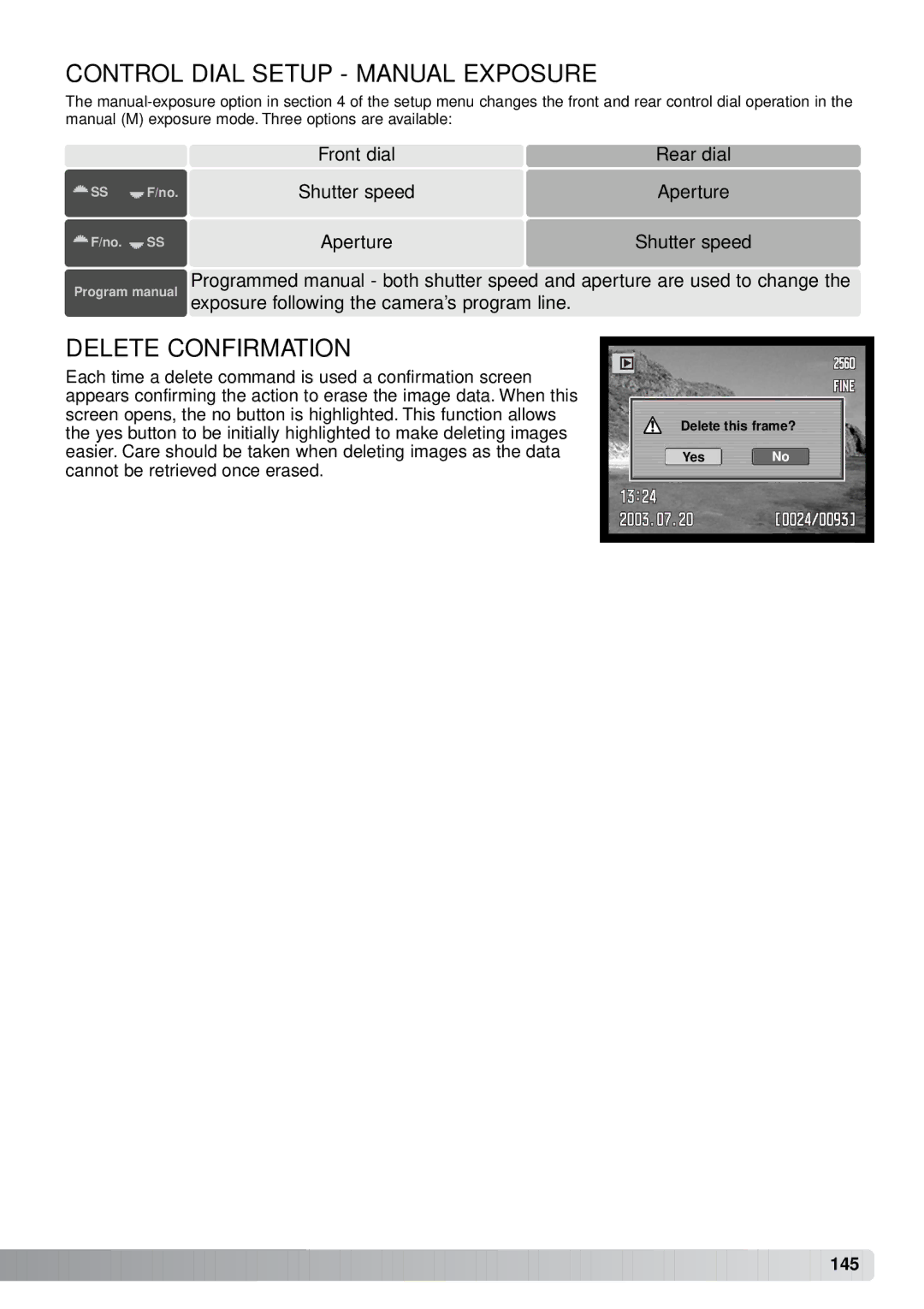 Minolta A1 instruction manual Control Dial Setup Manual Exposure, Delete Confirmation 