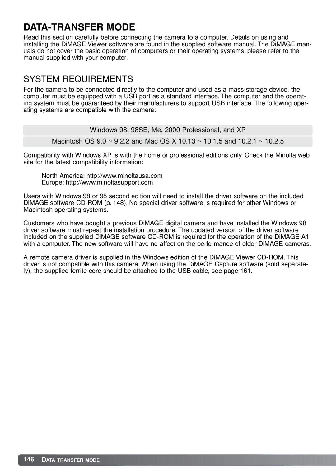 Minolta A1 instruction manual DATA-TRANSFER Mode, System Requirements 