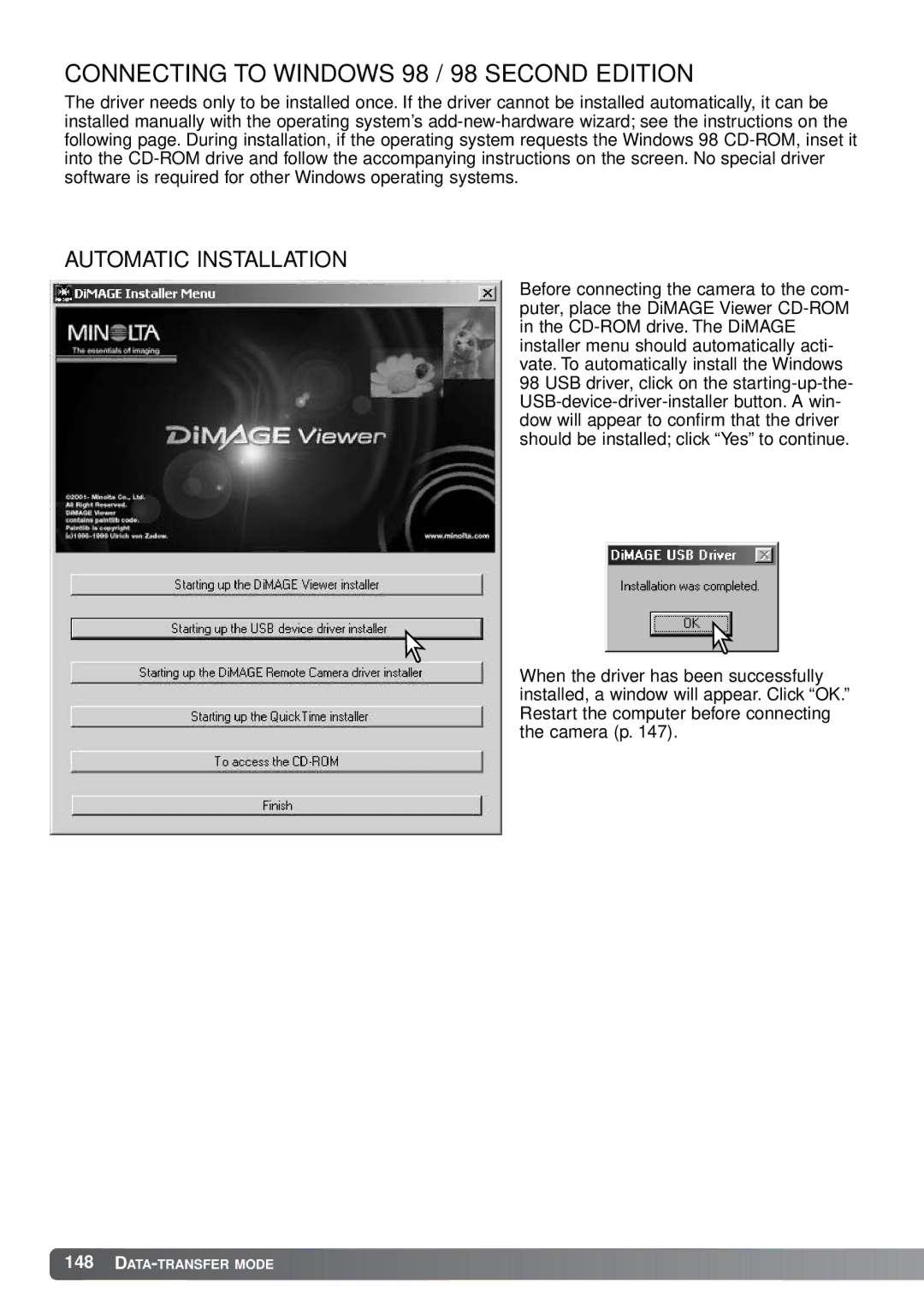 Minolta A1 instruction manual Connecting to Windows 98 / 98 Second Edition, Automatic Installation 