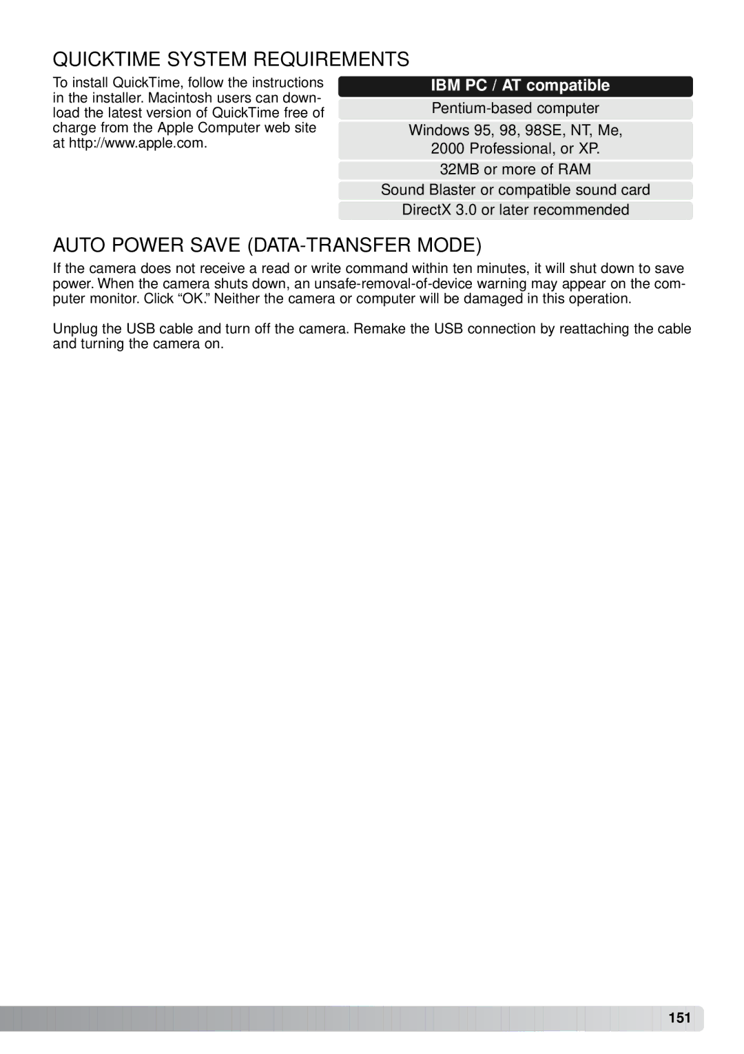 Minolta A1 instruction manual Quicktime System Requirements, Auto Power Save DATA-TRANSFER Mode 