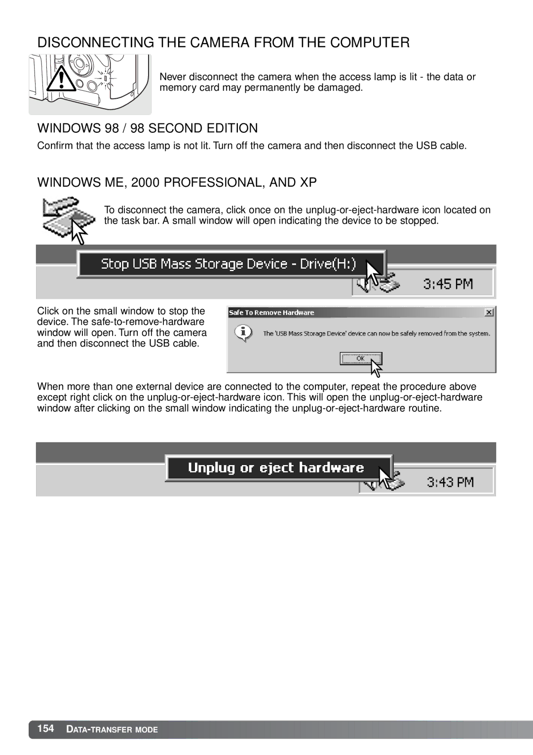 Minolta A1 instruction manual Disconnecting the Camera from the Computer, Windows 98 / 98 Second Edition 