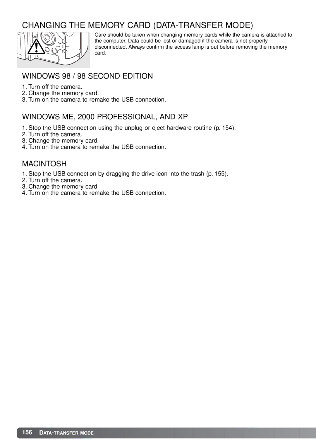 Minolta A1 instruction manual Changing the Memory Card DATA-TRANSFER Mode 