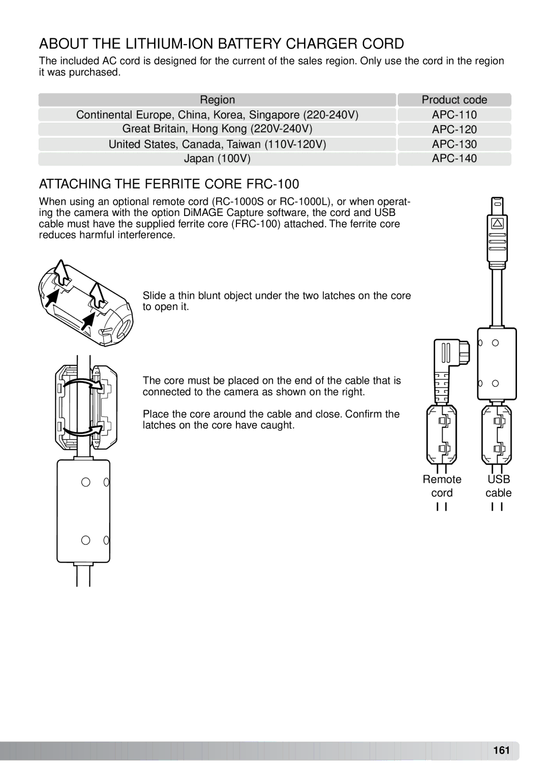 Minolta A1 instruction manual About the LITHIUM-ION Battery Charger Cord, Attaching the Ferrite Core FRC-100 