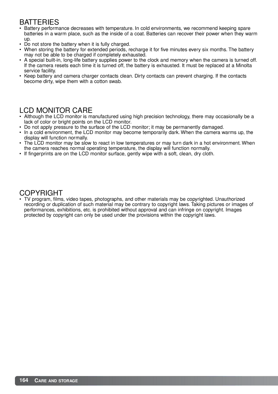 Minolta A1 instruction manual Batteries, LCD Monitor Care, Copyright 