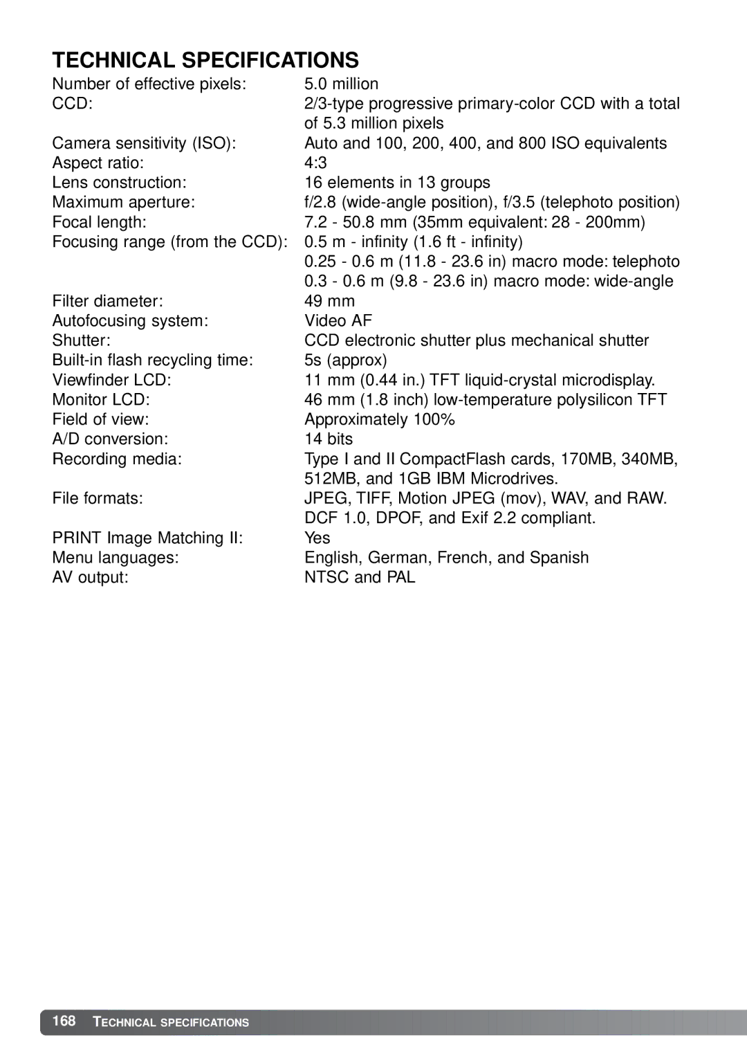 Minolta A1 instruction manual Technical Specifications, Ccd 