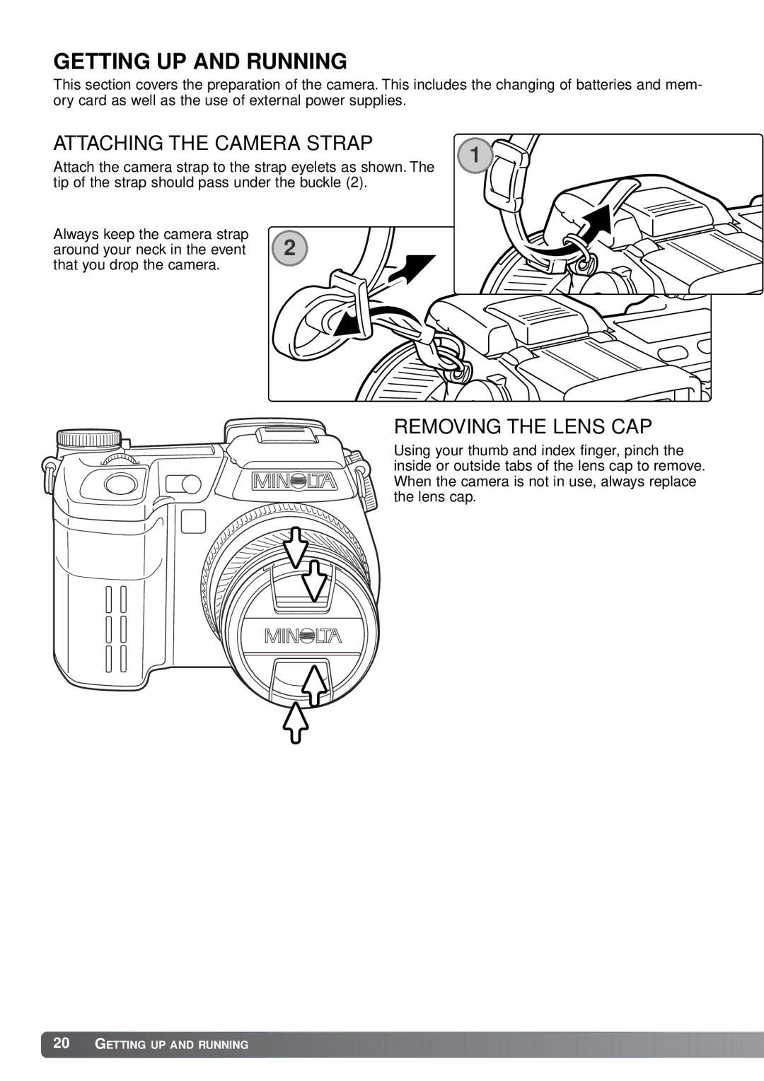 Minolta A1 instruction manual Getting UP and Running, Attaching the Camera Strap, Removing the Lens CAP 