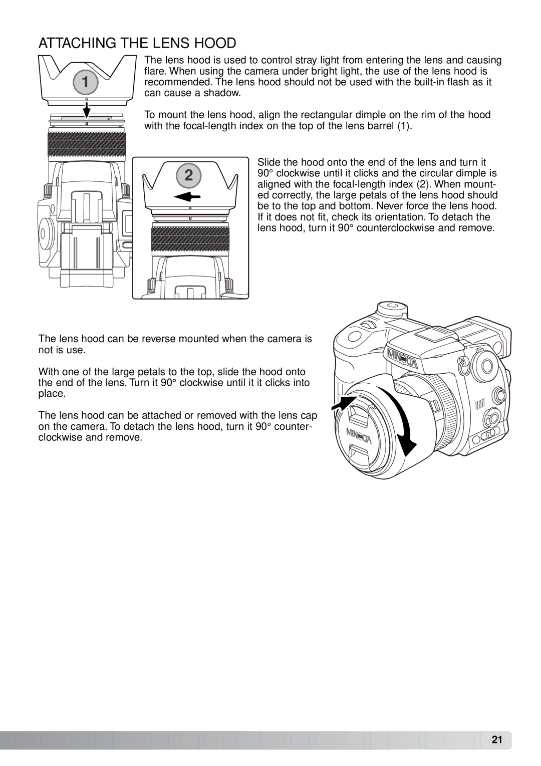 Minolta A1 instruction manual Attaching the Lens Hood 