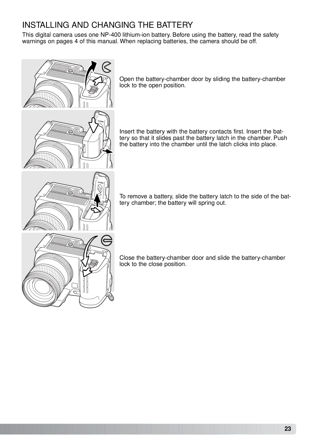 Minolta A1 instruction manual Installing and Changing the Battery 