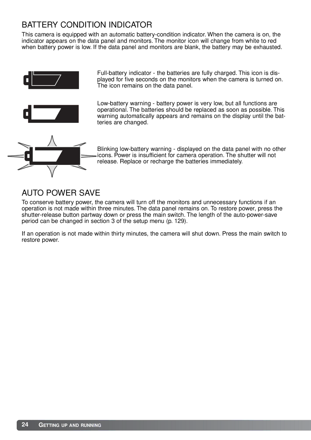 Minolta A1 instruction manual Battery Condition Indicator, Auto Power Save 