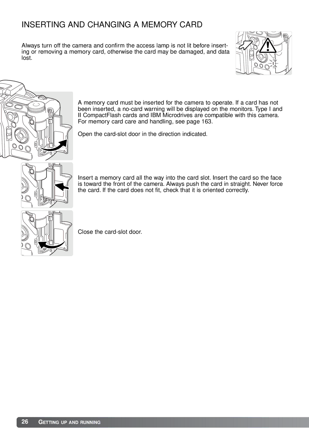 Minolta A1 instruction manual Inserting and Changing a Memory Card 