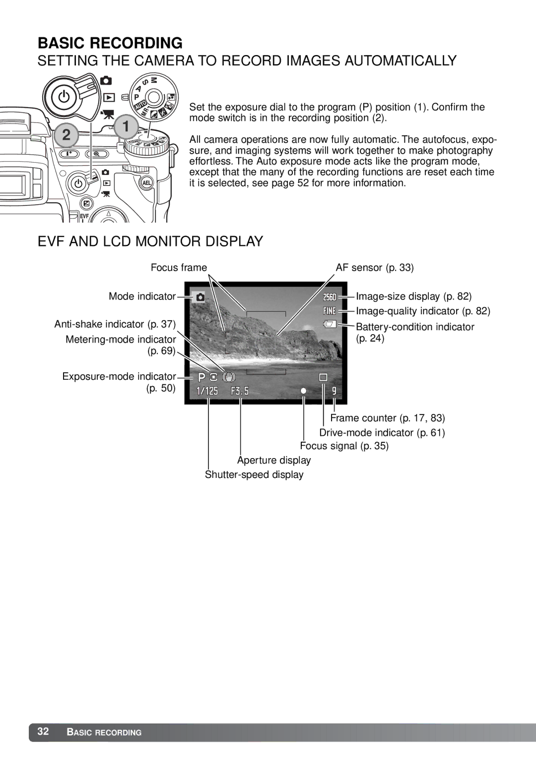 Minolta A1 Basic Recording, Setting the Camera to Record Images Automatically, EVF and LCD Monitor Display 