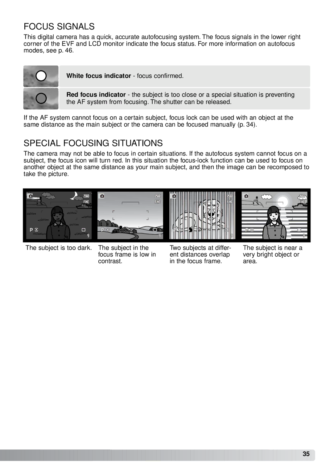 Minolta A1 instruction manual Focus Signals, Special Focusing Situations 