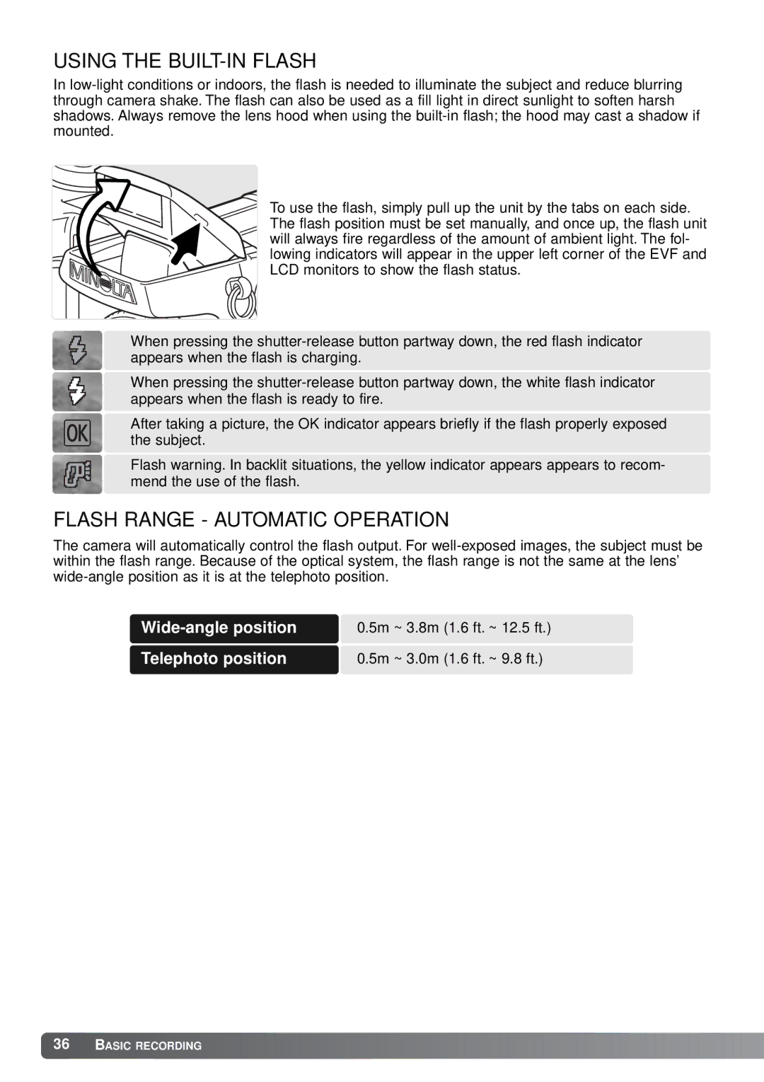 Minolta A1 instruction manual Using the BUILT-IN Flash, Flash Range Automatic Operation 